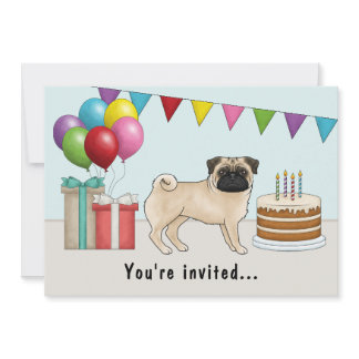 Fawn Color Pug Cute Cartoon Dog Colorful Birthday Invitation