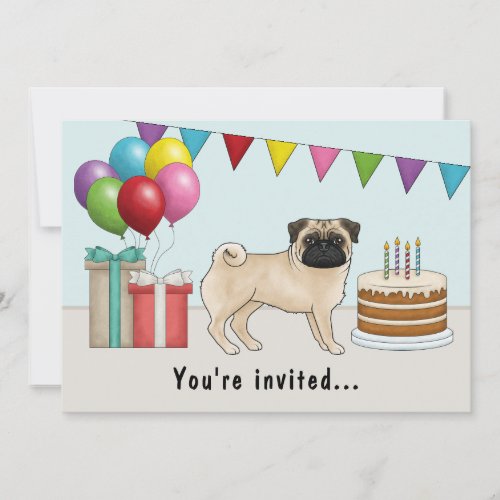 Fawn Color Pug Cute Cartoon Dog Colorful Birthday Invitation