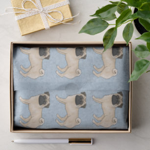 Fawn Color Pug Mops Dog Breed Pattern On Blue Tissue Paper
