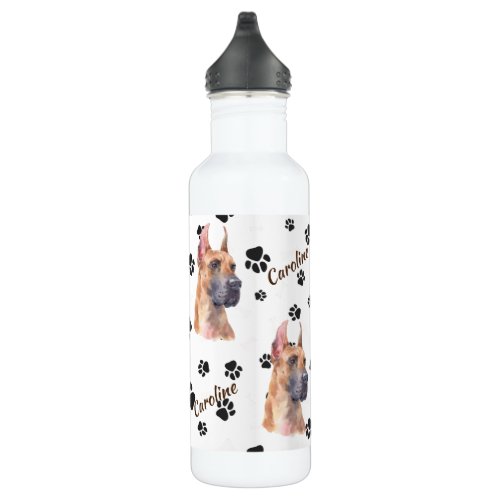 Fawn Colored Great Dane Dog Pawprint Stainless Steel Water Bottle