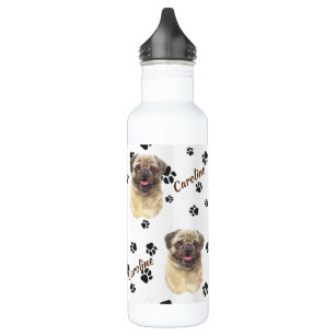 Fawn Colored Pug Dog Pawprint Stainless Steel Water Bottle