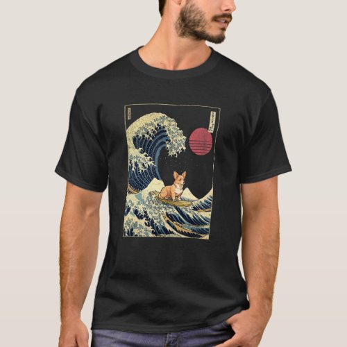 Fawn Corgi Japanese Kanagawa Wave  Surf Dog T_Shirt