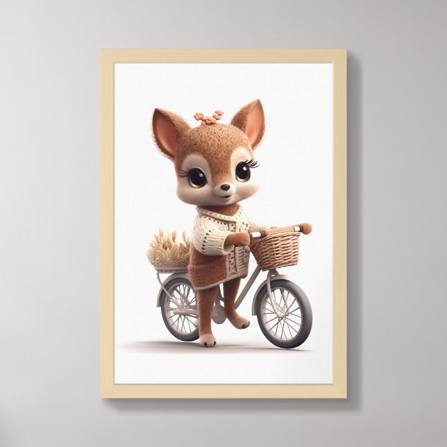 Fawn, cute baby deer on bike framed art (Framed Front)