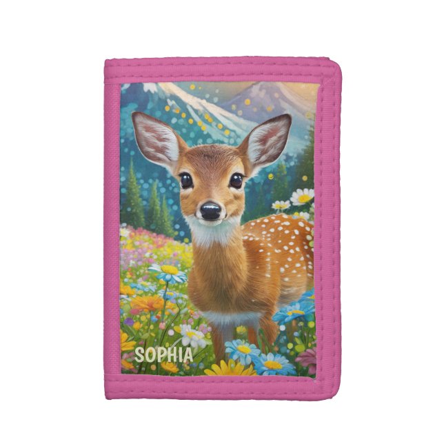 Fawn Cute Deer Animal Personalized Girls Name Trifold Wallet (Front Vertical)