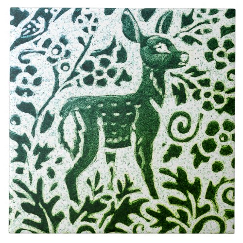 Fawn Deer Batik Modern Green Blue Floral Woodland Ceramic Tile