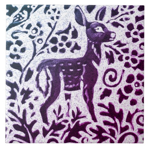 Fawn Deer Batik Modern Purple Blue Floral Woodland Ceramic Tile