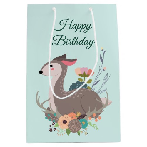 Fawn Deer Floral Birthday Personalized Medium Gift Bag