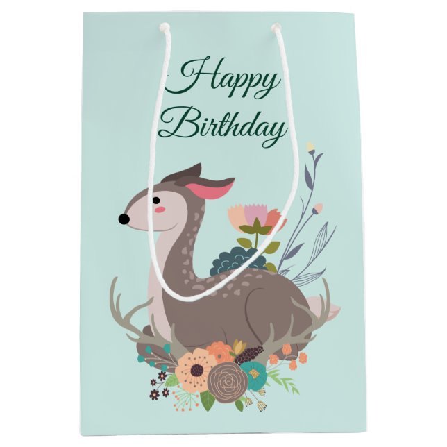 Fawn Deer Floral Birthday Personalized Medium Gift Bag (Front)