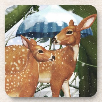 Fawn Deer In Winter Scene Coasters by xgdesignsnyc at Zazzle