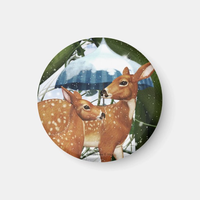 Fawn Deer in Winter Scene Round Magnet (Front)