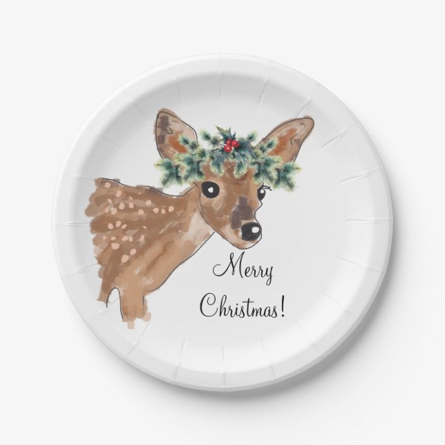 Fawn Deer Personalized Paper Christmas Plates (Front)