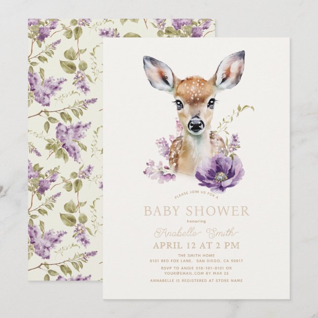 Fawn Deer Purple Floral Baby Shower Invitation (Front/Back)