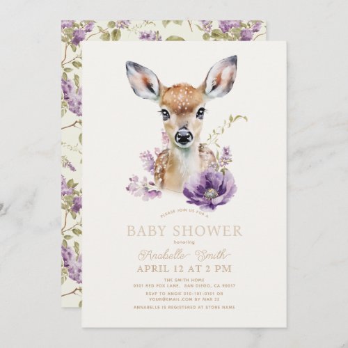 Fawn Deer Purple Floral Baby Shower Invitation