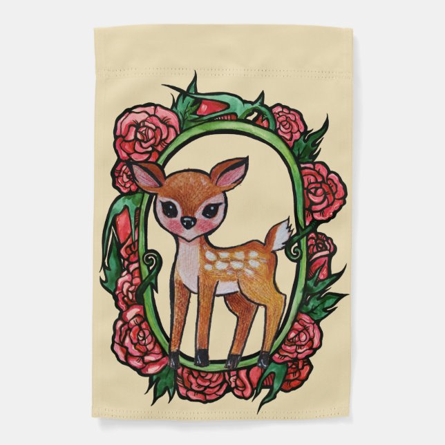 Fawn Deer Red Roses                                Garden Flag (Front)