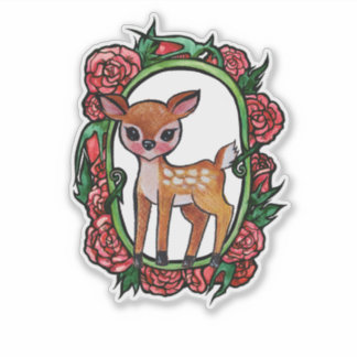 Fawn Deer Red Roses                                Sticker