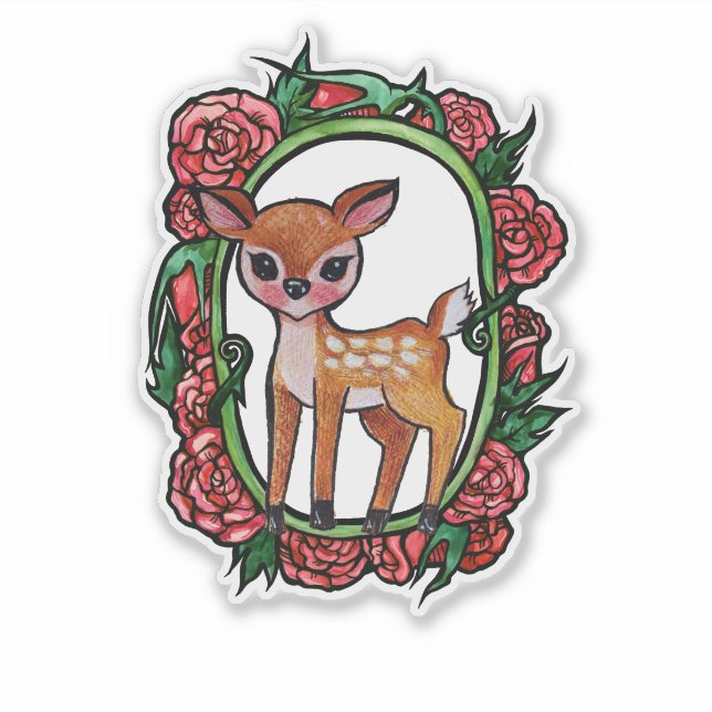 Fawn Deer Red Roses                                Sticker (Front)