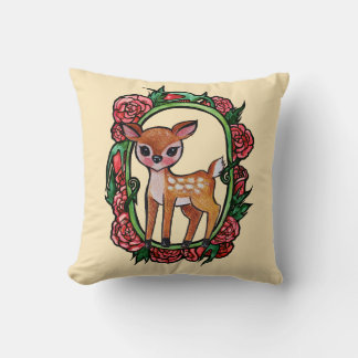 Fawn Deer Red Roses                                Throw Pillow