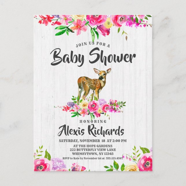 Fawn Deer Watercolor Floral Baby Shower Invitation (Front)