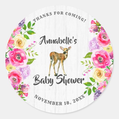 Fawn Deer Watercolor Floral Baby Shower Thank You Classic Round Sticker