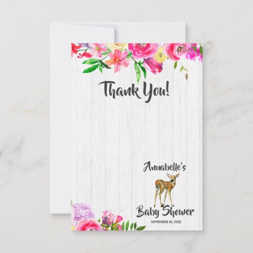 Fawn Deer Watercolor Floral Baby Shower Thank You Note Card