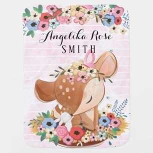 Fawn Deer Watercolor Flowers Pink Stripes + Name Baby Blanket