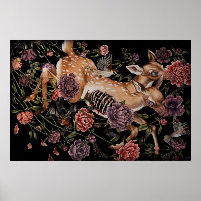 Fawn Deer with Birds and Flowers gothic botatnical Poster (Front)