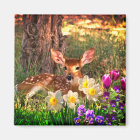 Fawn Deer with Spring Flowers Daffodils / Tulips