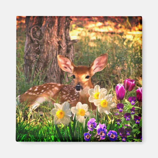 Fawn Deer with Spring Flowers Daffodils / Tulips Magnet (Front)