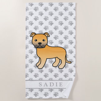 Fawn English Staffie Cute Cartoon Dog &amp; Name Beach Towel