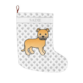 Fawn English Staffie Cute Cartoon Dog &amp; Name Large Christmas Stocking