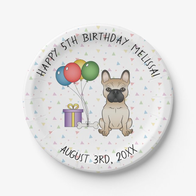 Fawn French Bulldog Cartoon Dog - Birthday Paper Plates (Front)