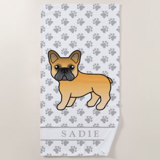 Fawn French Bulldog Cute Cartoon Dog &amp; Name Beach Towel