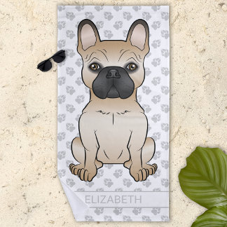 Fawn French Bulldog / Frenchie Cartoon Dog &amp; Name Beach Towel