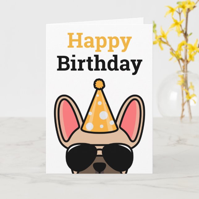 Fawn French Bulldog Happy Birthday Card (Yellow Flower)