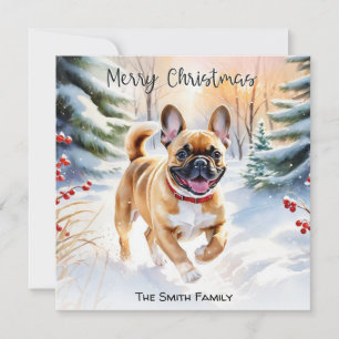 Fawn French Bulldog In Snow Merry Christmas Holiday Card