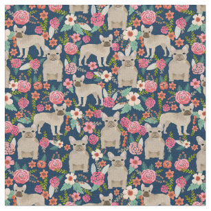 Fawn French Bulldogs Vintage Floral Navy Fabric