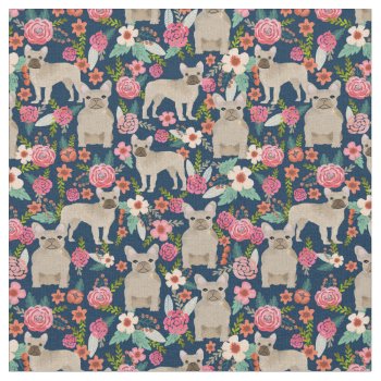 Fawn French Bulldogs Vintage Floral Navy Fabric by FriendlyPets at Zazzle