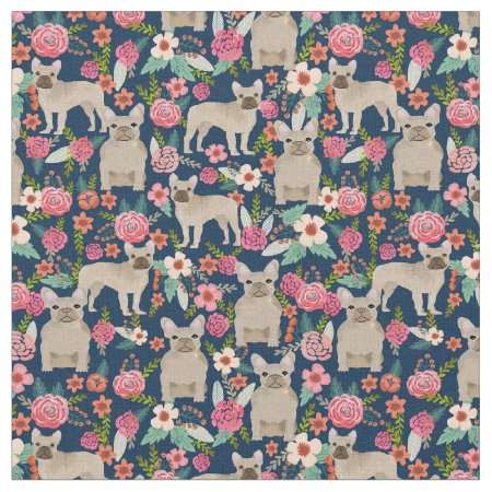Fawn French Bulldogs Vintage Floral Navy Fabric
