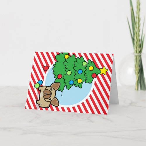 Fawn Frenchie with Christmas Tree on Stripes Holiday Card