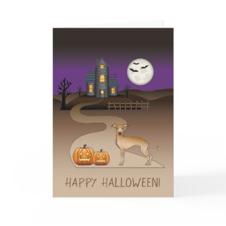 Fawn Iggy Cute Dog And Halloween Haunted House Card