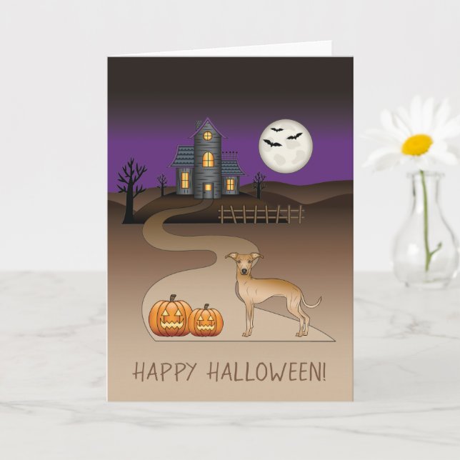 Fawn Iggy Cute Dog And Halloween Haunted House Card (Small Plant)