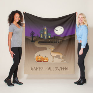 Fawn Iggy Cute Dog And Halloween Haunted House Fleece Blanket
