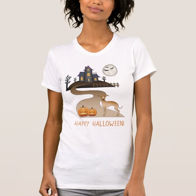 Fawn Iggy Cute Dog And Halloween Haunted House T-Shirt (Front)