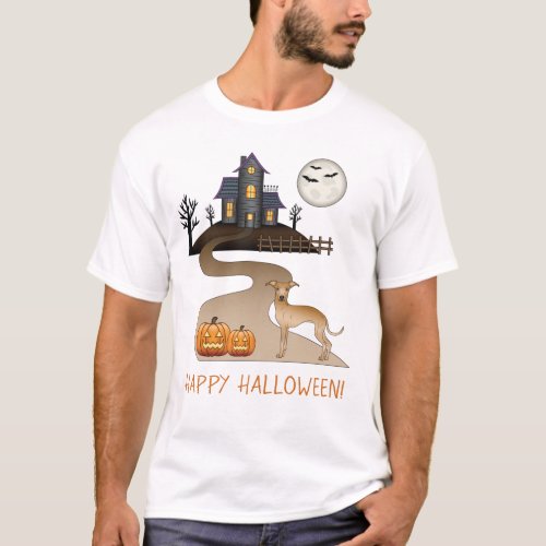 Fawn Iggy Cute Dog And Halloween Haunted House T_Shirt