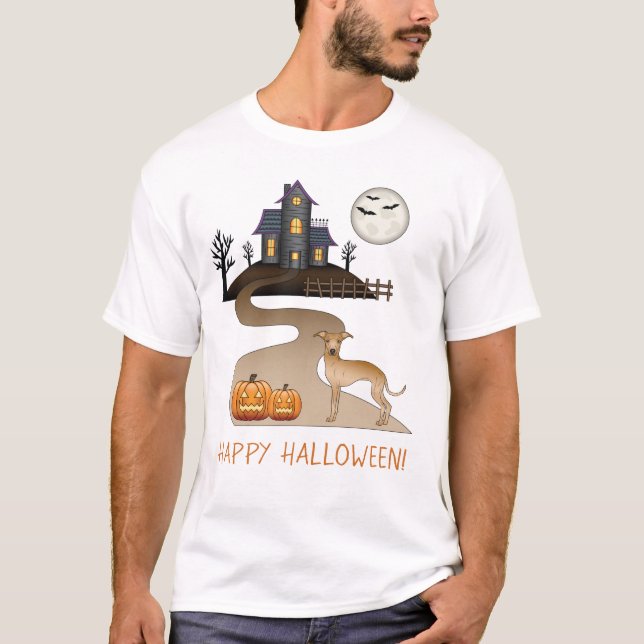 Fawn Iggy Cute Dog And Halloween Haunted House T-Shirt (Front)