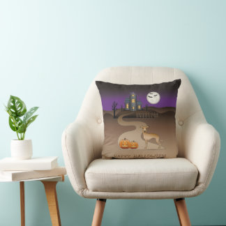 Fawn Iggy Cute Dog And Halloween Haunted House Throw Pillow