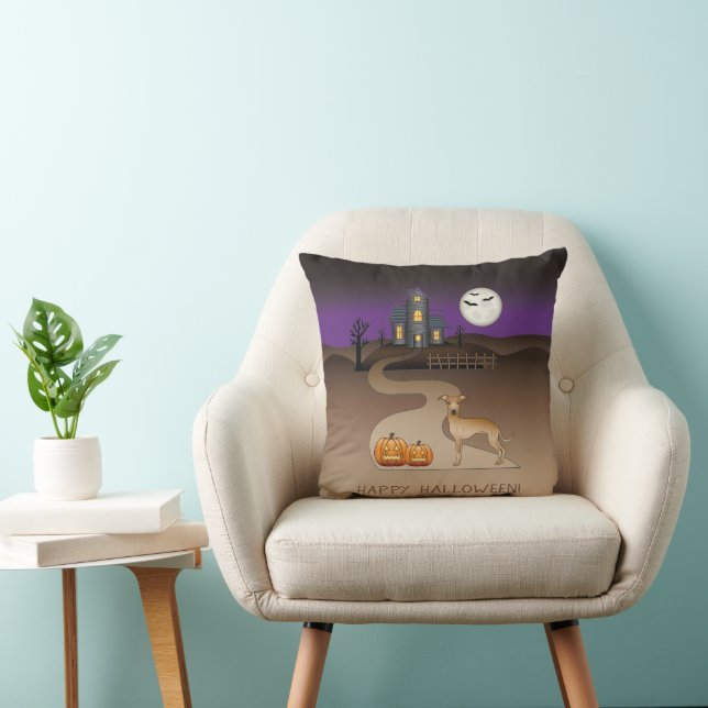 Fawn Iggy Cute Dog And Halloween Haunted House Throw Pillow (Chair)