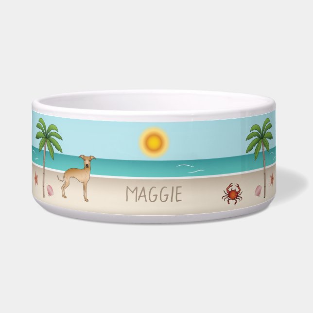 Fawn Italian Greyhound At Tropical Summer Beach Bowl (Front)