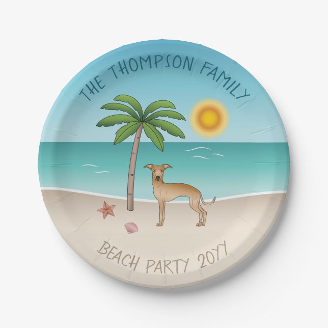 Fawn Italian Greyhound At Tropical Summer Beach Paper Plates (Front)