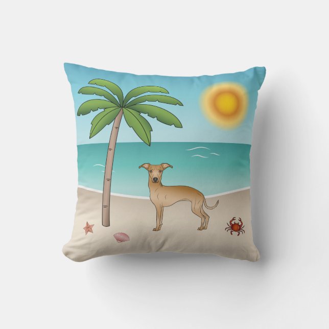 Fawn Italian Greyhound At Tropical Summer Beach Throw Pillow (Front)